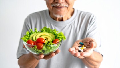 An older man holding a bowl of salad with avocado and cherry tomatoes in one hand and a handful of pills in the other