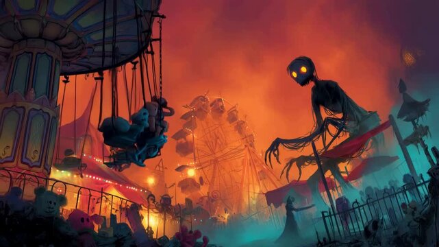 Creepy haunted carnival with glowing monster