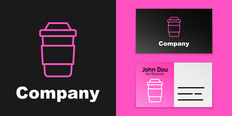 Pink line Cup of tea icon isolated on black background. Logo design template element. Vector
