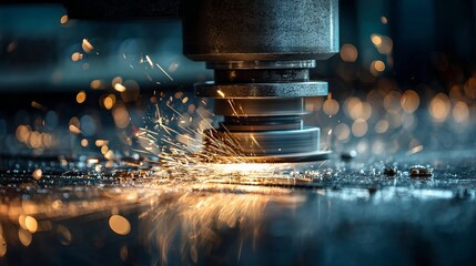 Sparks fly as machine grinds and finishes metal surface in manufacturing process Industrial detail shows production intensity
