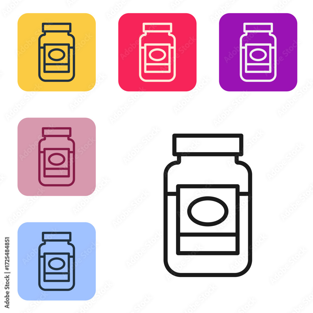 Poster black line jam jar icon isolated on white background. set icons in color square buttons. vector