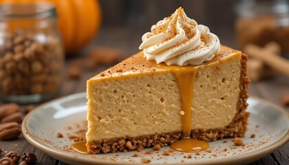 close-up of a vegan pumpkin cheesecake slice with creamy smooth texture, topped with whipped cream swirls and dusted cinnamon powder. Detailed crumbs on the ceramic plate, shiny pecan pieces