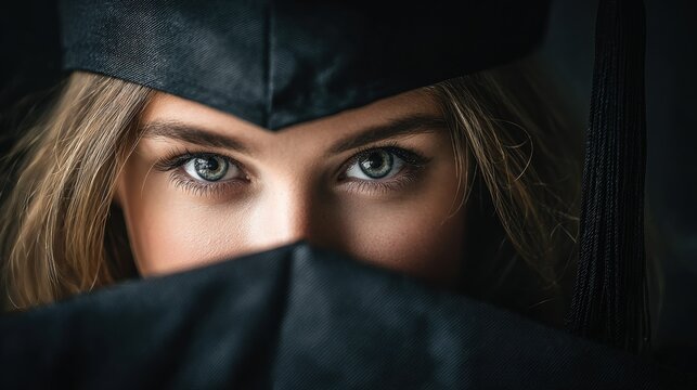 Close-up of a young woman with blue eyes wearing a graduation cap and gown, celebrating academic achievement