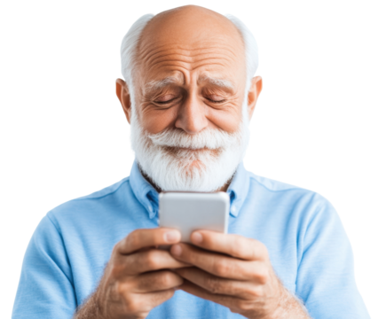 Elderly Man with White Beard Smiling while Using Smartphone, Capturing Joy and Connection in the Modern Digital Age on transparent background