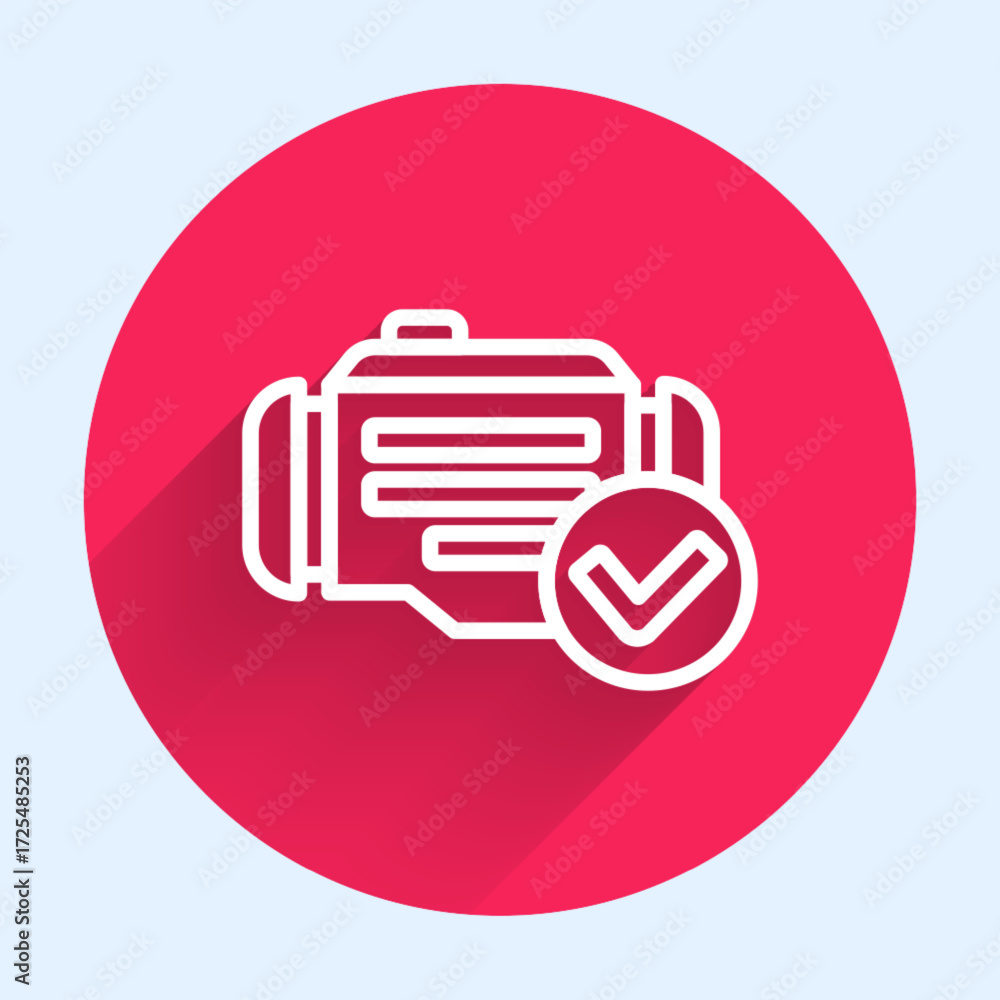 Poster white line check engine icon isolated with long shadow background. red circle button. vector