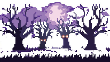 Obraz premium Haunted Forest 8-Bit Pixel Art Background. Seamless Looping Spooky Halloween Scene