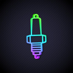 Obraz premium Glowing neon line Car spark plug icon isolated on black background. Car electric candle. Vector