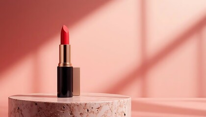 High-fashion editorial beauty shot of a coral-red lipstick, placed elegantly on a textured stone pedestal, soft diffused spotlight from the side creating dramatic shadows. Background is a warm gradien