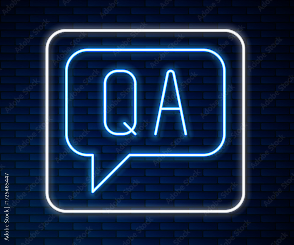 Poster glowing neon line speech bubbles with question and answer icon isolated on brick wall background. q 