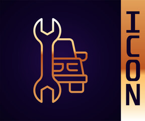 Gold line Car service icon isolated on black background. Auto mechanic service. Repair service auto mechanic. Maintenance sign. Vector