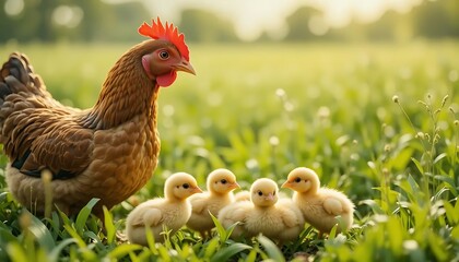 Farm lifestyle concept with a hen and baby chicks in a green meadow, symbol of care and growth, commercial stock photography style, high resolution, clean composition, perfect for agriculture and farm