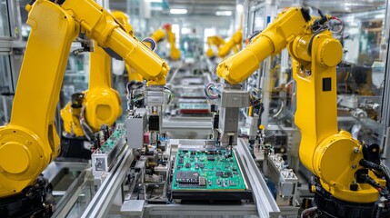Precision robot arms assemble electronics on fully automated line Circuit board component installation in modern industry