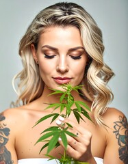 Woman smelling cannabis plant
