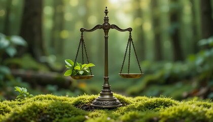 Photorealistic justice scale standing on moss in a green forest, one side with fresh leaves, empty other side, depth of field, natural light, eco law, environmental justice, sustainability
