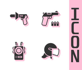 Set Police helmet, megaphone, body camera and Pistol or gun icon. Vector