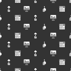 Set Data export, Search engine, Cloud technology data transfer and Monitor with graph chart on seamless pattern. Vector