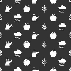 Set Leaf or leaves, Cloud with rain, Watering can and Apple on seamless pattern. Vector