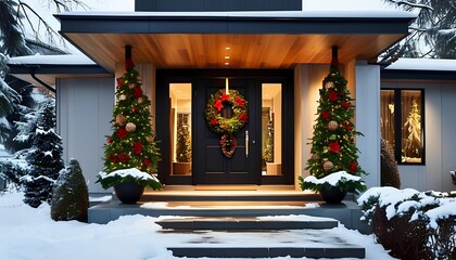 Festive winter welcome christmas decor at a modern home entrance snowy landscape holiday cheer warm atmosphere