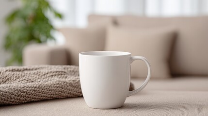 Fototapeta premium Elegant White Ceramic Coffee Mug on Cozy Couch with Soft Textures and Natural Lighting in Living Room
