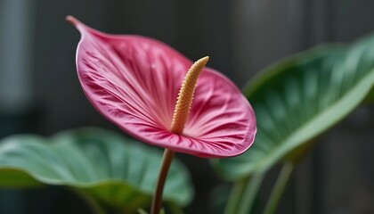 Close-up photograph of a single pink anthurium flower with detailed spadix and smooth petals, centered composition, natural lighting, dark blurred background, botanical photography style