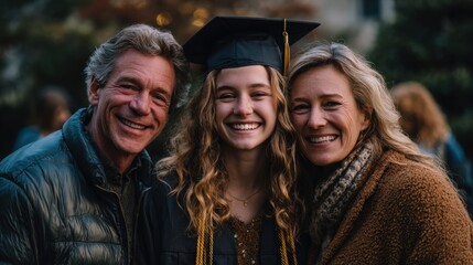 Happy young woman in graduation cap celebrating with her proud parents outdoors