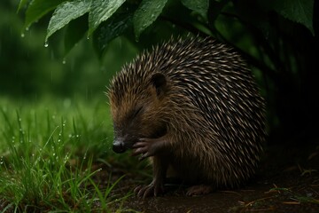 A Small Hedgehog Seeking Shelter Under Green Leaves During Rainfall