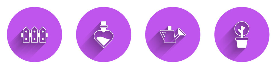 Set Garden fence wooden, Bottle with love potion, Watering can and Forest icon with long shadow. Vector