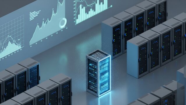 A secure, glowing server stands out from a row of standard servers in a modern data center, symbolizing advanced technology, big data, and security.