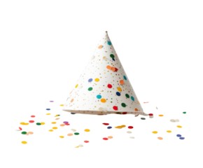 Colorful Party Hat Surrounded by Festive Confetti, Celebrating Joyful Moments and Special Events with Vibrant Decorations and Cheerful Atmosphere on transparent background
