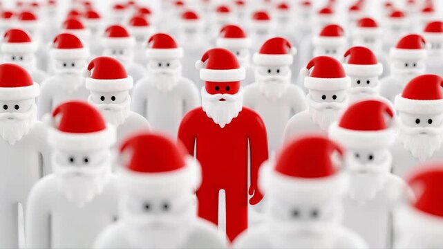 Group of identical humanoid figures with Santa hats and beards highlighting a unique red leader