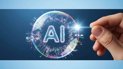 A needle approaches a fragile bubble containing glowing AI data, symbolizing the delicate balance and potential risks of artificial intelligence.