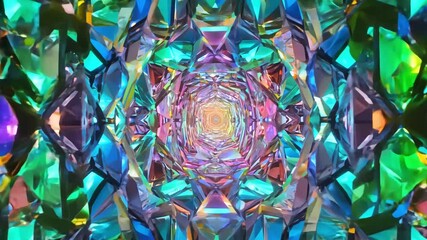 A tunnel abstract, faceted crystals vibrant colors. tunnel, crystals refract light color neon greens, pinks, blues oranges tunnel’s infinite shimmering reflections hypnotic high-tech effect - Powered by Adobe