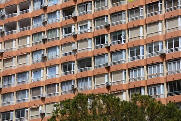Benidorm generic high rise apartment building. Modern residential architecture. Benidorm town in Valencian Community (Comunidad Valenciana), Spain.