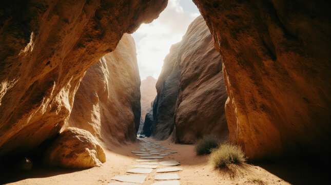 Majestic Slot Canyon With A Dramatic Beam Of Sunlight