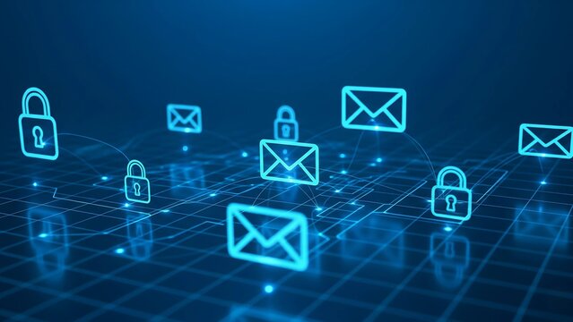 Glowing email and padlock icons are connected in a secure digital network, symbolizing private, secure, and encrypted online communication.