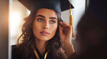 Young woman in graduation cap adjusting her cap during graduation ceremony portrait