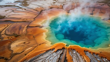 Top view of a geothermal hot spring in Yellowstone, vivid rainbow colors, blue and turquoise water surrounded by orange mineral deposits, natural landscape background, realistic aerial photography