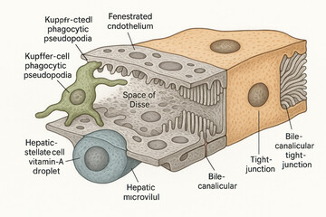 Anatomical illustration of a liver sinusoid showing hepatocytes, Kupffer cells, hepatic stellate cells, and associated structures.