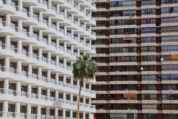 Benidorm high rise hotel and apartment building. Modern residential architecture. Benidorm town in Valencian Community (Comunidad Valenciana), Spain.