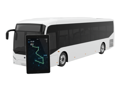 transparent modern bus, large tinted windows, and slim tablet with route map, isolated on transparent studio background, concept of future public transportation