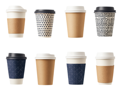 A Collection of Unique Disposable Coffee Cups Displayed in a Symmetrical Arrangement Featuring Various Designs and Textures on transparent background - Powered by Adobe