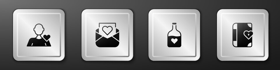Set Romantic man, Envelope with Valentine heart, Bottle love potion and Love diary icon. Silver square button. Vector