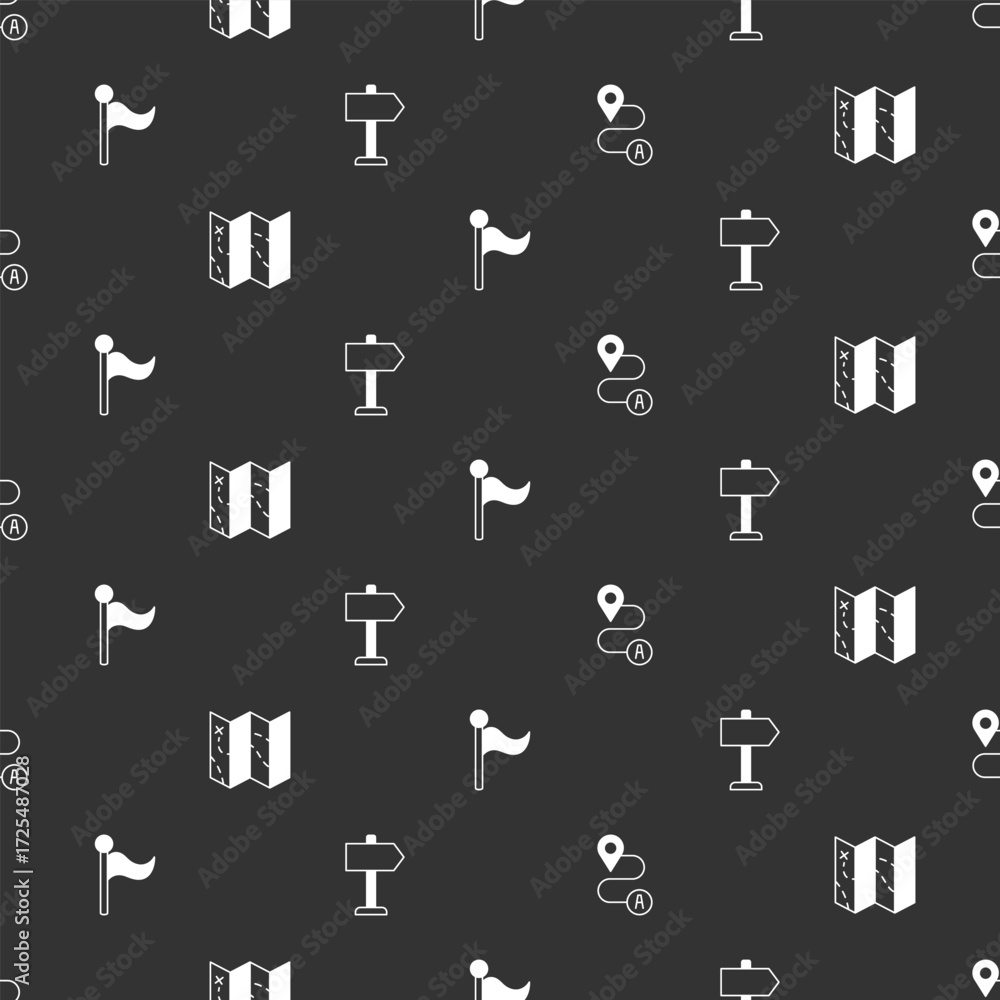 Poster set route location, folded map, flag and road traffic sign on seamless pattern. vector