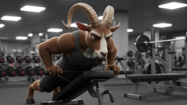 Animated Goat Power: Intense Gym Workout on Weight Bench!