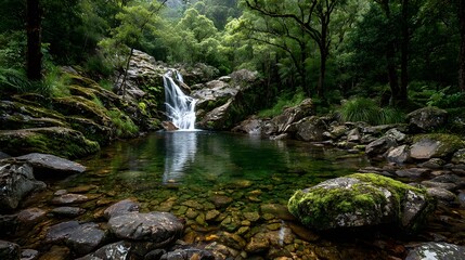 Serene and picturesque waterfall cascading over moss-covered rocks into a clear, tranquil pool in the heart of a lush, dense rainforest, showing gentle motion.