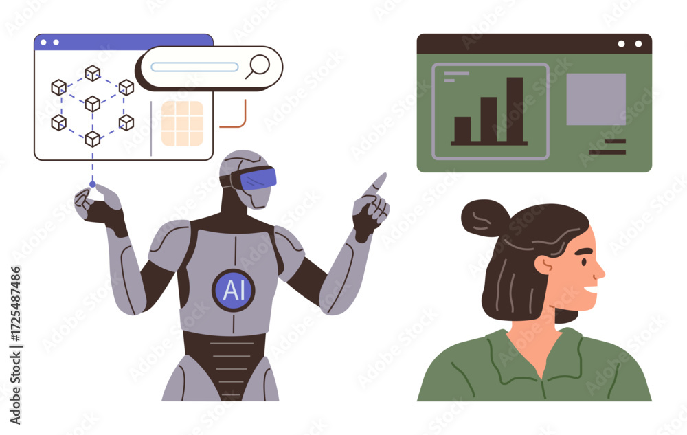 Aufkleber futuristic robot with ai label gesturing to digital data screens, bar chart, and analysis tools near