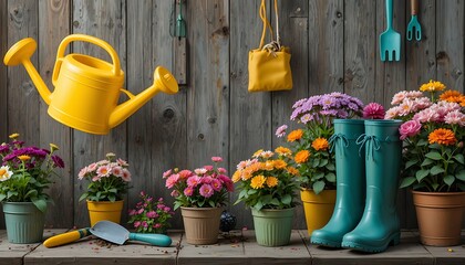 Beautiful gardening scene with colorful potted flowers on rustic wooden background, bright yellow watering can, garden tools and rubber boots, spring home gardening concept, high-resolution