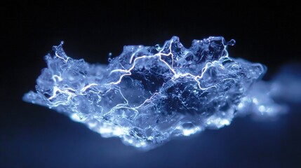 faint. A close-up macro shot of a pristine glowing ice crystal emitting faint electric blue arcs of light as it fractures. STEM education sheets.