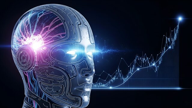 A futuristic AI robot with a glowing brain and eyes connects to a digital candlestick chart, symbolizing the powerful role of AI in financial analysis.