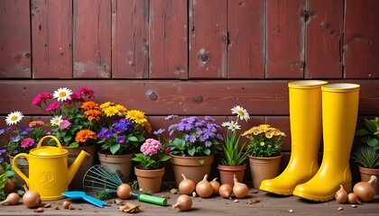 A rustic wooden background with weathered red planks, a cozy gardening scene arranged in the foreground. A vibrant mix of potted flowers including daisies, geraniums, pansies, and marigolds, blooming 
